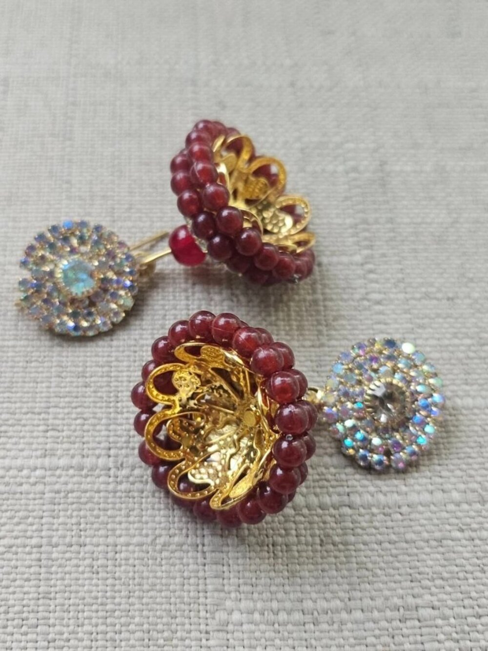 Indian Jhumka Earrings Burgundy Tone Beads Gold Tone Ethnic Fashion Ear Jewelry - Picture 13 of 13